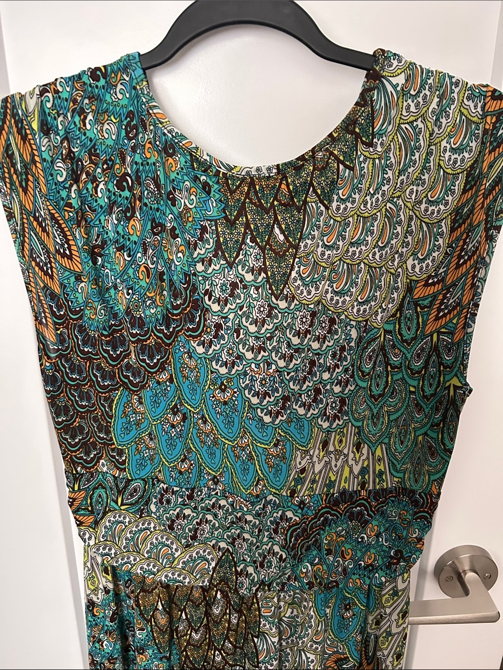 Tropical Teal and Brown Paisley Twist-Front Midi Dress weekend evening or beach - Picture 6 of 12